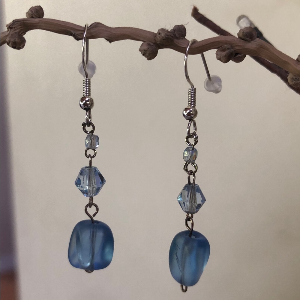 HAND CRAFTED Ice Blue "Sea Glass" Bead & Swarovski Crystal Accent Drop Earrings - Picture 10 of 14